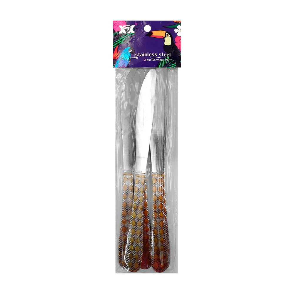 Paquete de 6 cuchillos metálicos con decoración en el mango de rombos dorados / 13-0003