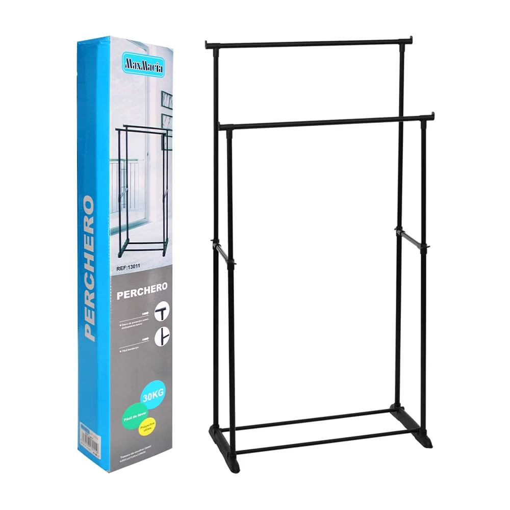 Perchero organizador metálico multifuncional con doble tubo para colgar ropa, 124x68x30cm / maxmacia