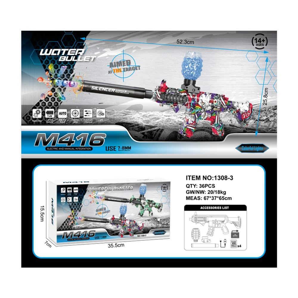 Pistola de hidrogel tipo m416 con accesorios y diseño de grafiti / 1308-4 / 1308-3