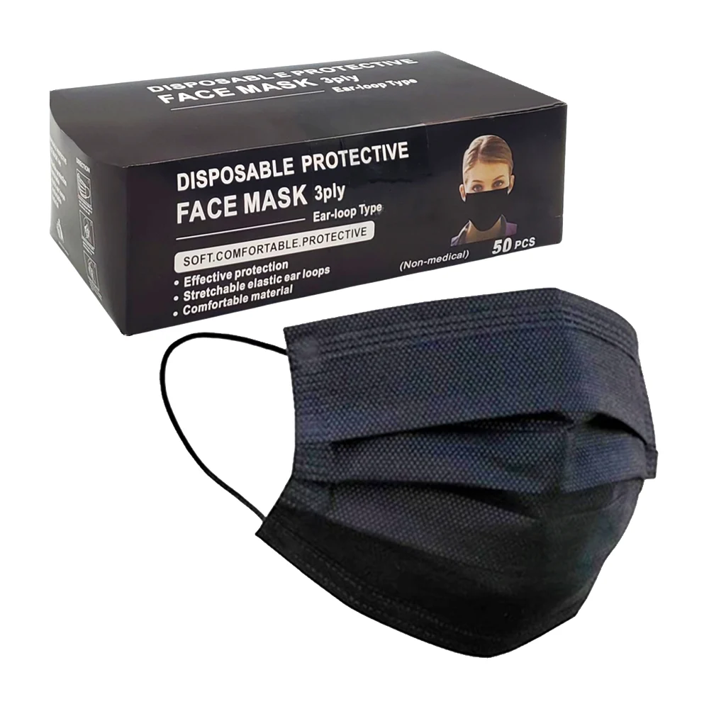 Caja con 50 cubrebocas tricapa para adulto con ajuste en la nariz, color negro / 1314 / face mask / cubreboca negro