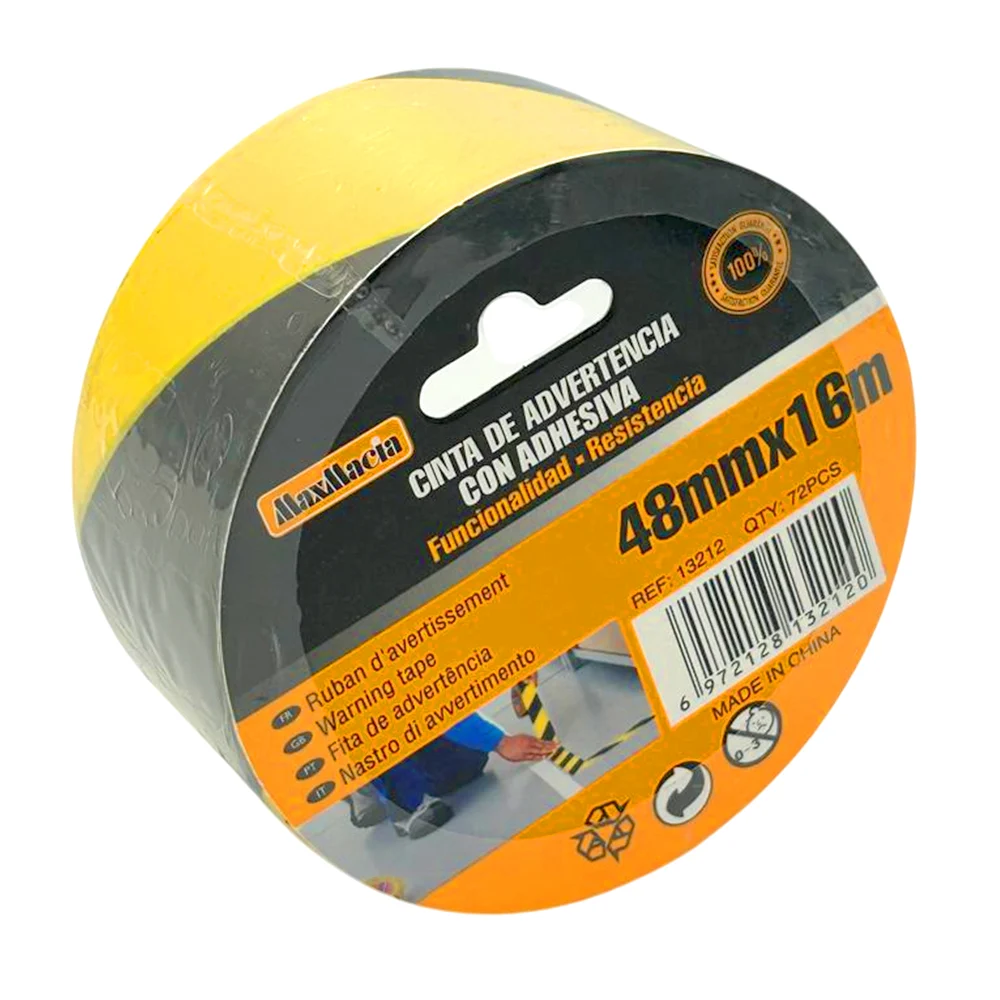 1pza Cinta adhesiva maxmacia de señalizanción o advertencia con rallas amarillo y negro, 48mmx16m / 13212