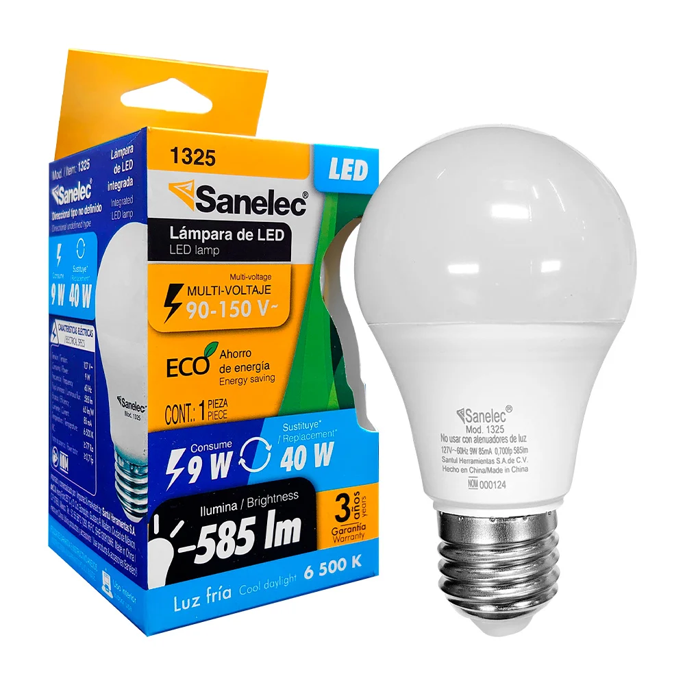 Foco led sanelec de luz fría con luminosidad de 585 lúmenes y consumo de 9 watts / 0623
