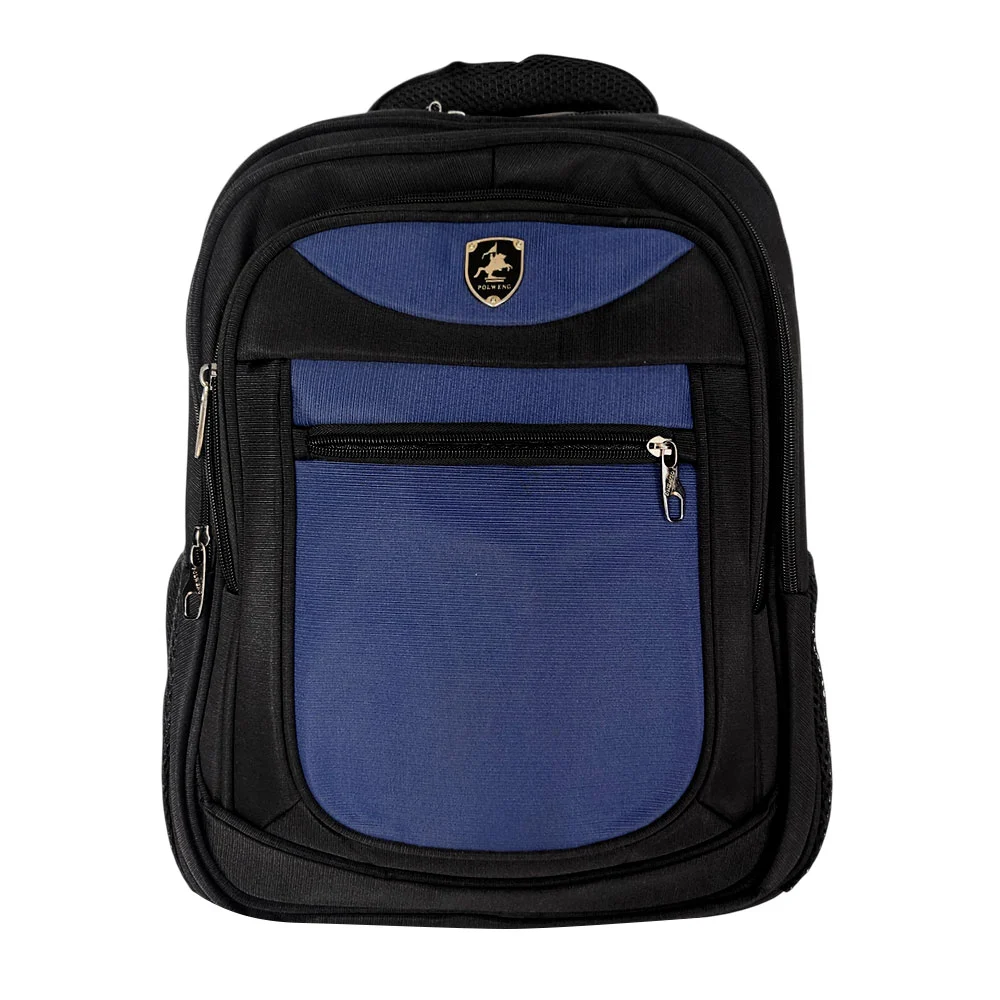 Mochila bicolor con 5 compartimentos, asa gruesa y placa polweng metálica