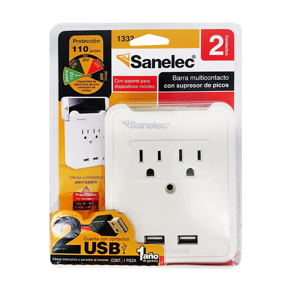 Barra multicontacto sanelec con 2 tomacorrientes, 2 puertos usb y soporte para celular / 0123