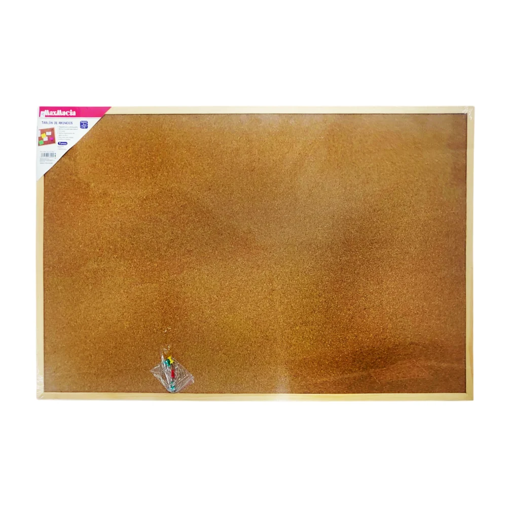 Pizarrón de corcho - tablón de anuncios grande 60x90cm con marco de madera con tachuelas, tornillos de ojo y cuerda / 13390 / maxmacia