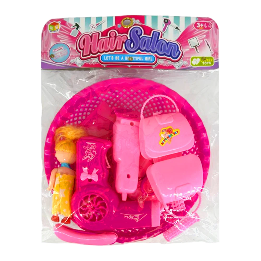 Canasta con mini muñeca + accesorios de belleza de juguete / hair salon