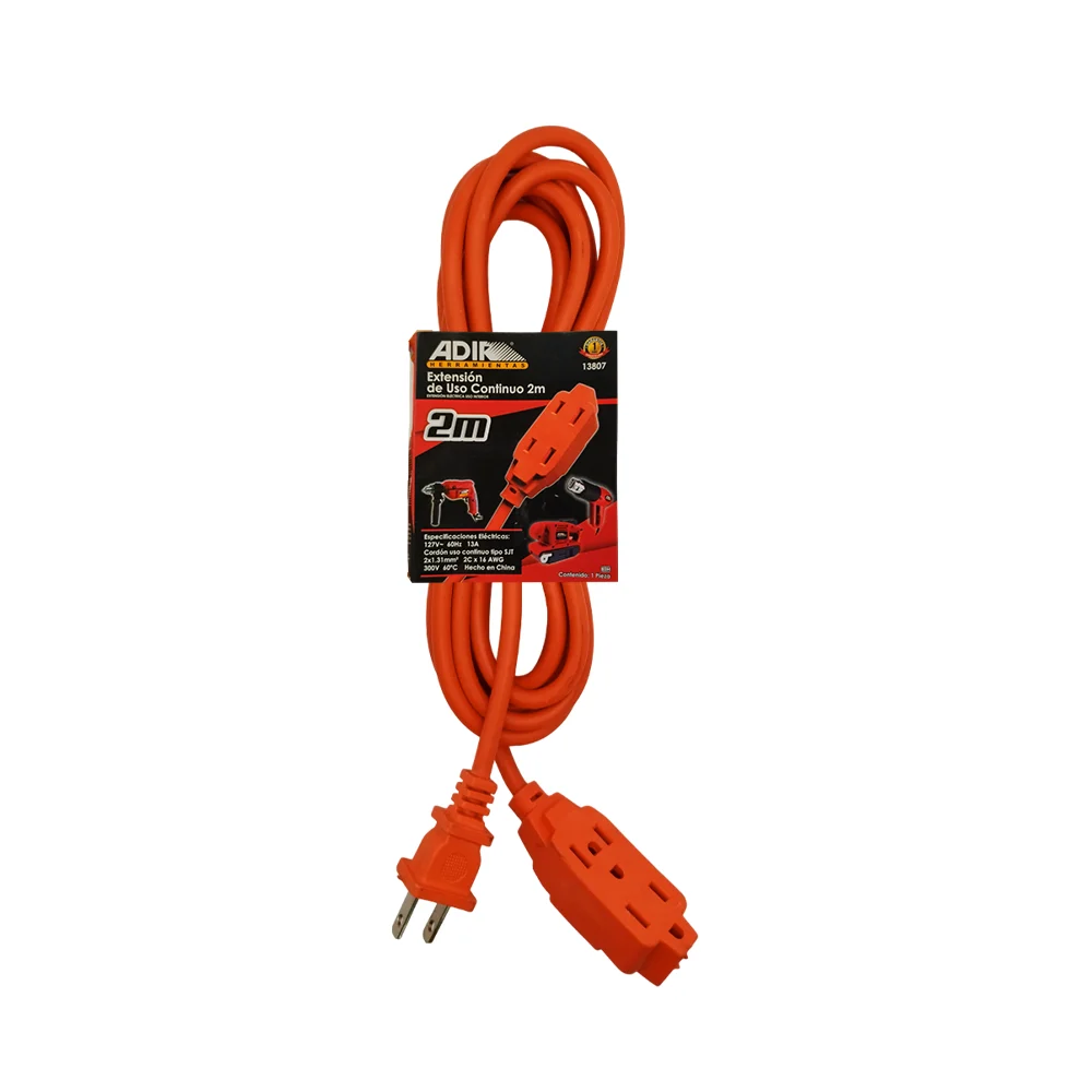 Extensión naranja eléctrica 2 metros de uso rudo con 3 contactos tomacorriente / 2630 / adir