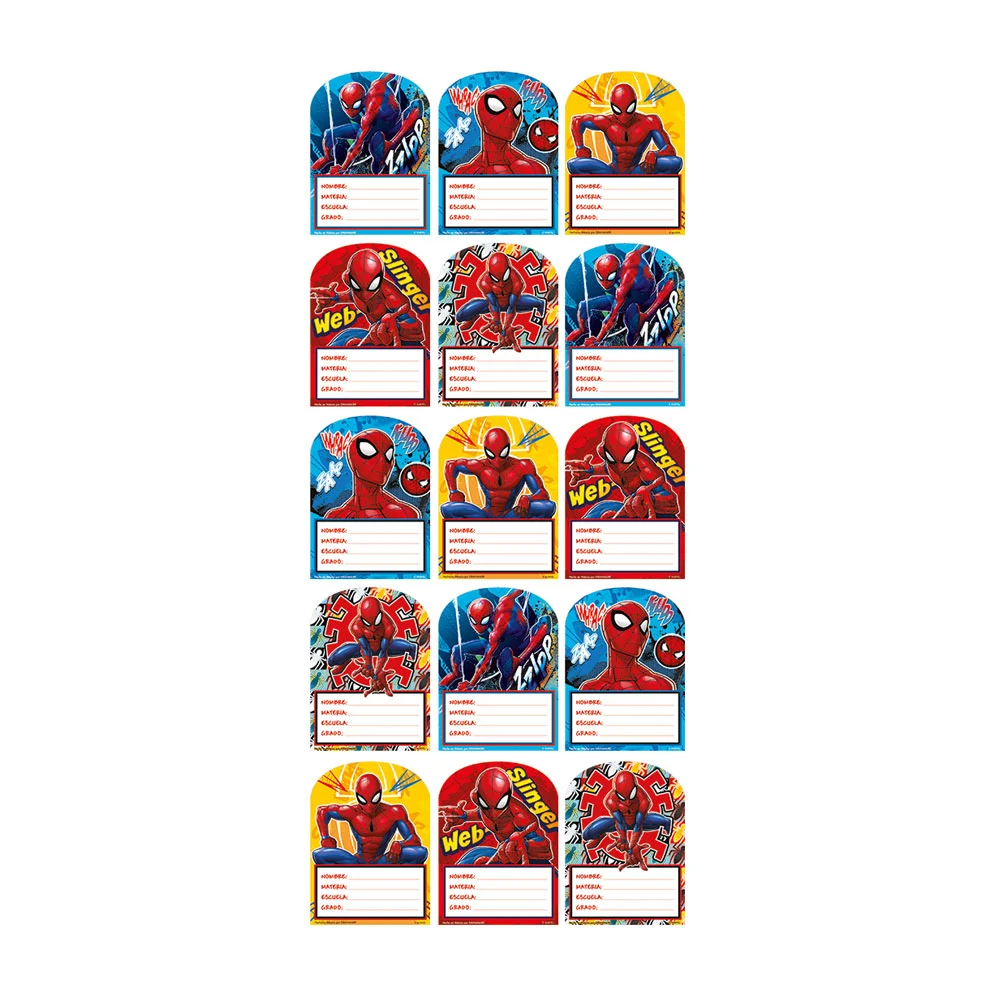 Planilla de 15 etiquetas escolares granmark con diseño de spider-man