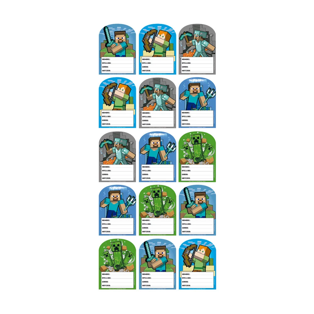 Planilla de 15 etiquetas escolares granmark con diseño de minecraft
