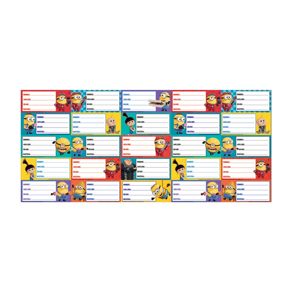 1 Planilla de 25 etiquetas escolares granmark con diseño de personajes mi villano favorito