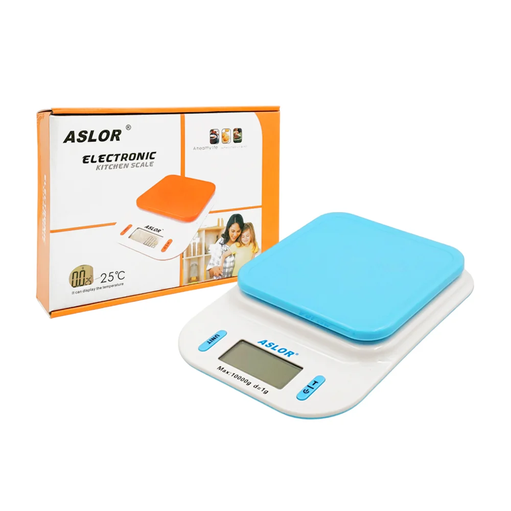 Báscula mediana de plástico bicolor para cocina, con pantalla led, indicador de peso y temperatura, variedad de colores / soporte 10kg / aslor electronic