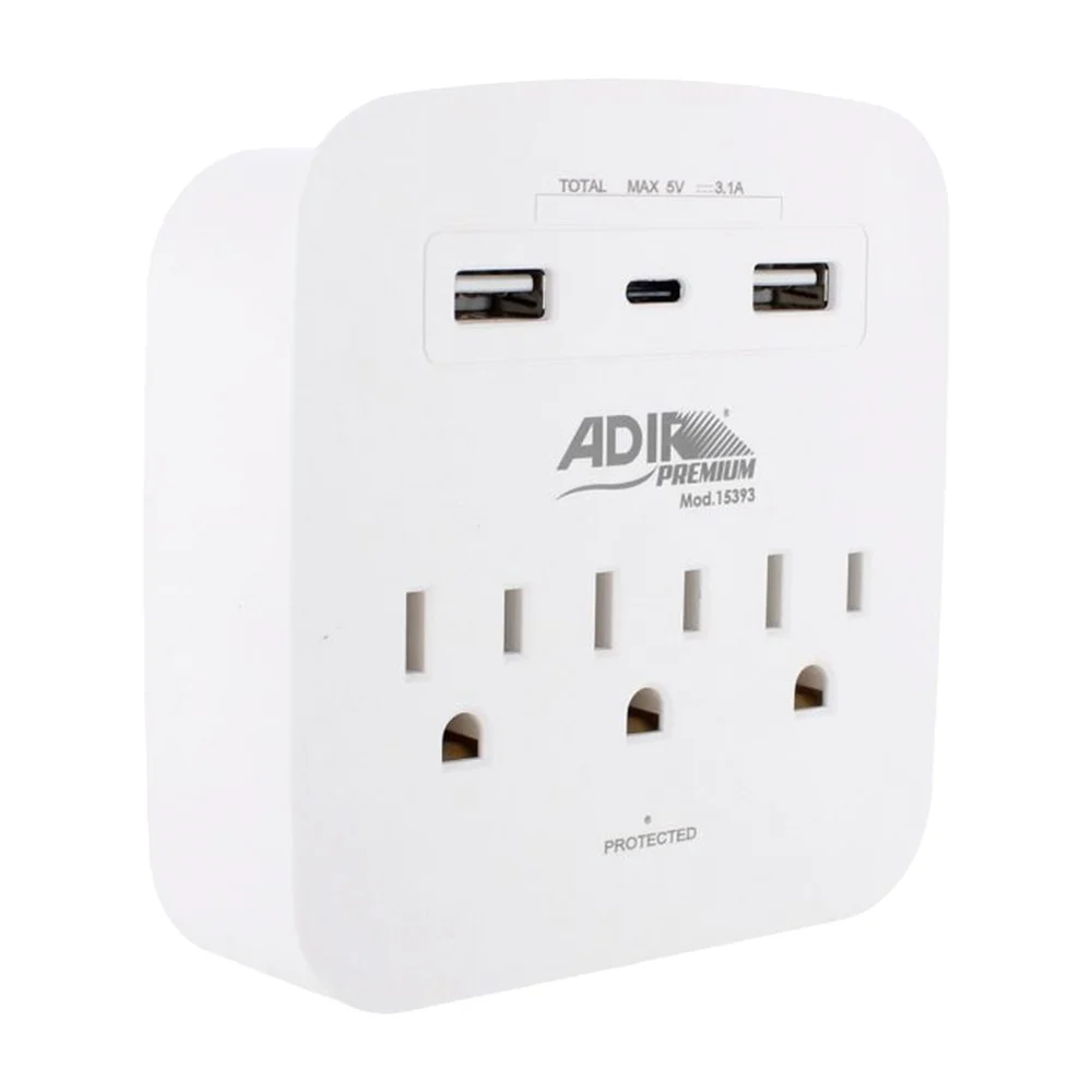 Multicontacto de pared con 3 toma corrientes, 2 entradas usb y 1 entrada tipo c / 15393