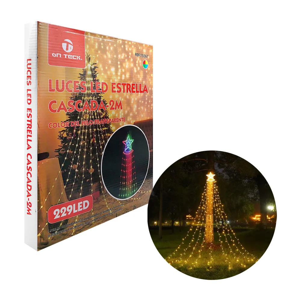 Estrella de plástico con cascada de 229 luces led rgb de hilo transparente para decoración de árbol navideño, 2m / 15567