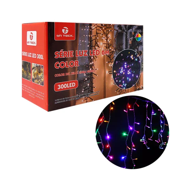 Serie on teck de 6 metros con cable negro y 300 focos  led multicolor / 15573