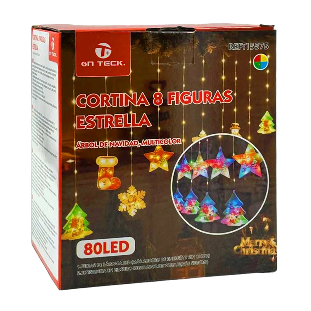 Serie cascada tipo cortina de 3m con 80 focos led multicolor + 8 figuras en forma de estrellas y árboles pinos navideños / on teck / 15575