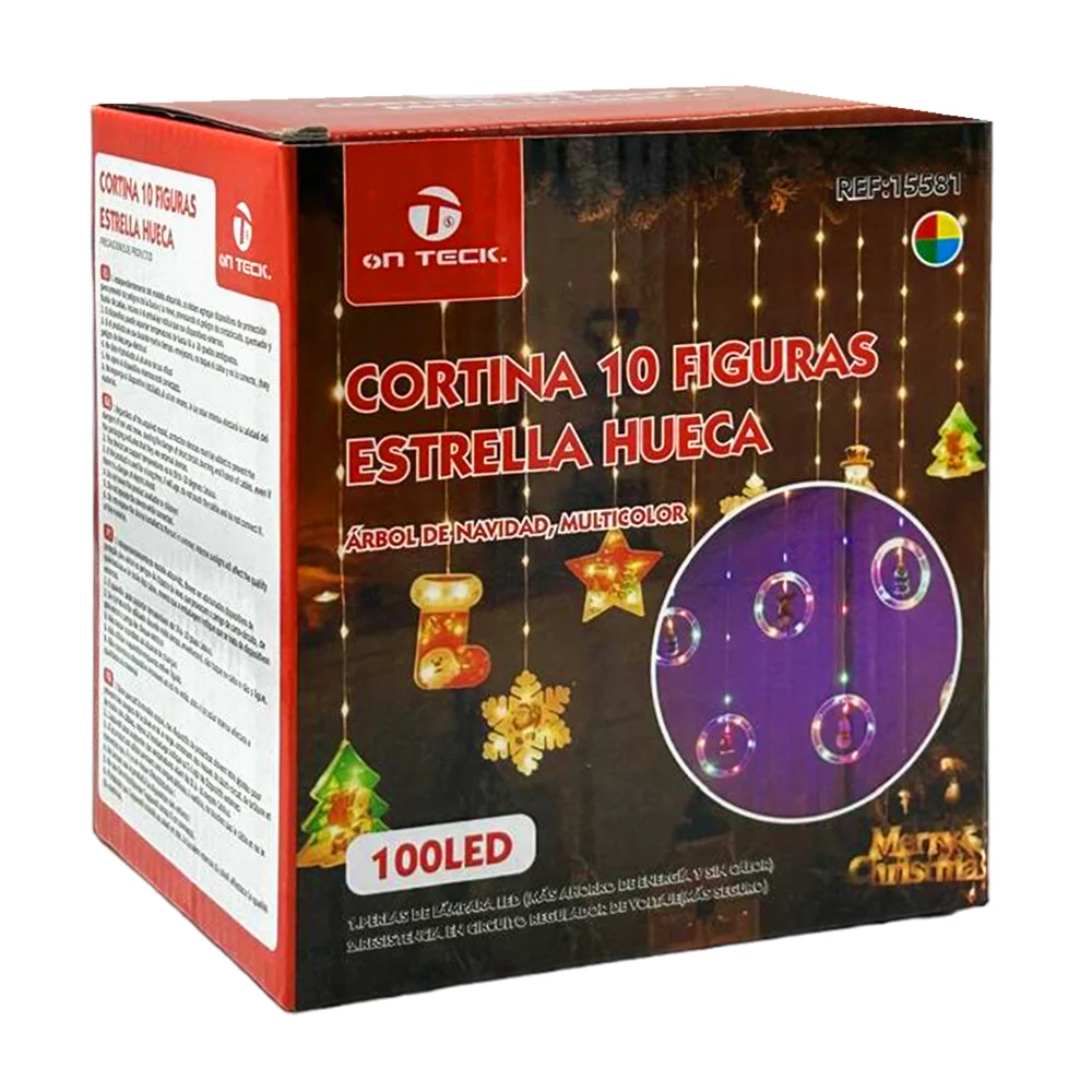 Serie cascada tipo cortina de 3m con 100 focos led multicolor + 10 figuras de circulos huecos con mini muñeco navideño / on teck / 15581