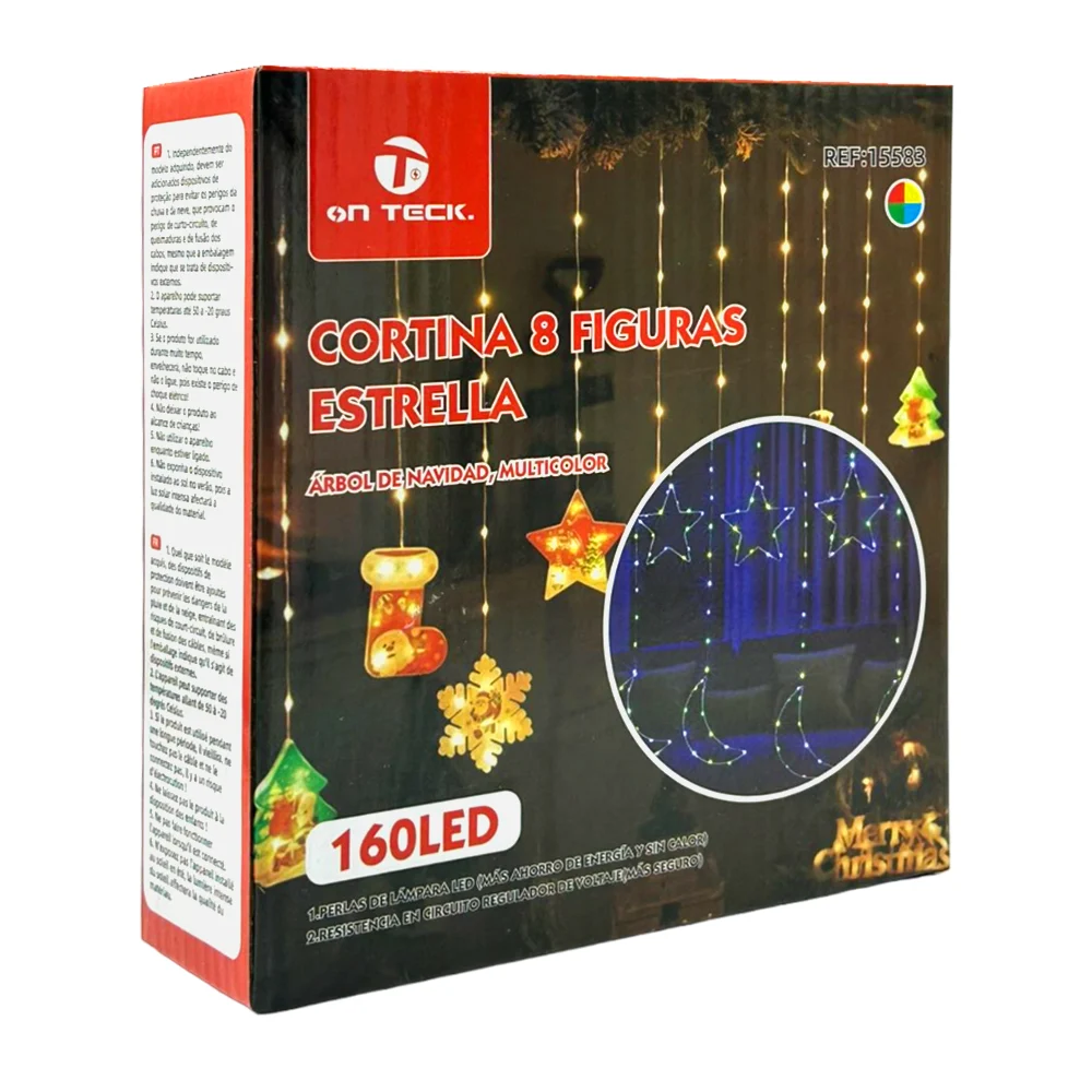 Serie cascada de 3m tipo cortina con 160 focos led multicolor + 8 figuras metálicas en forma de estrellas y lunas / 15583