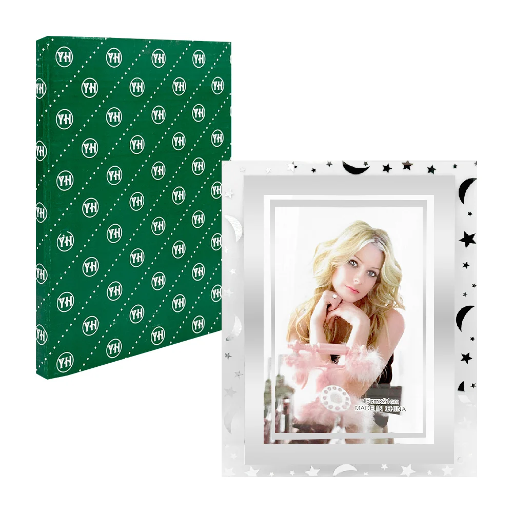 Portarretrato de vidrio con marco interno plateado 15x21 cm, estampado de estrellas y lunas / 156b / portarretrato vidrio