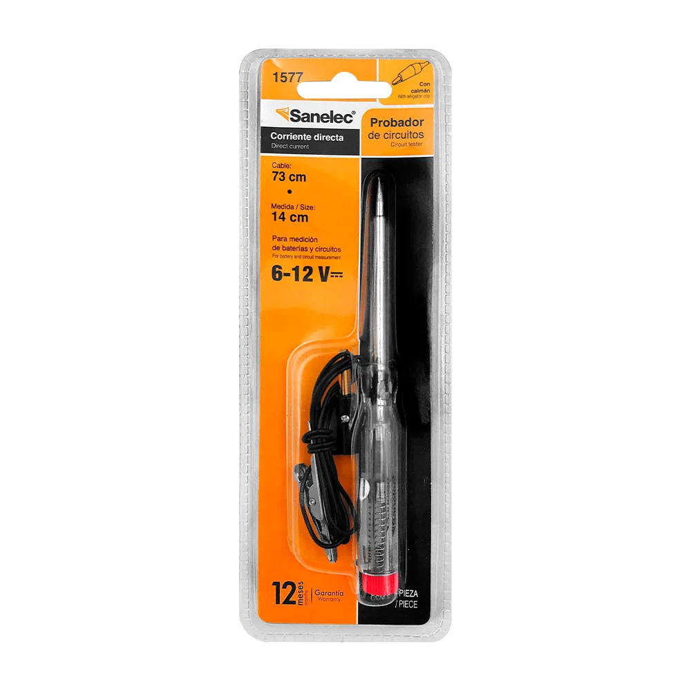 Probador de corriente directa sanelec, para medición de baterías y circuitos, con detector, cable y pinza caimán / 1577 / 0924