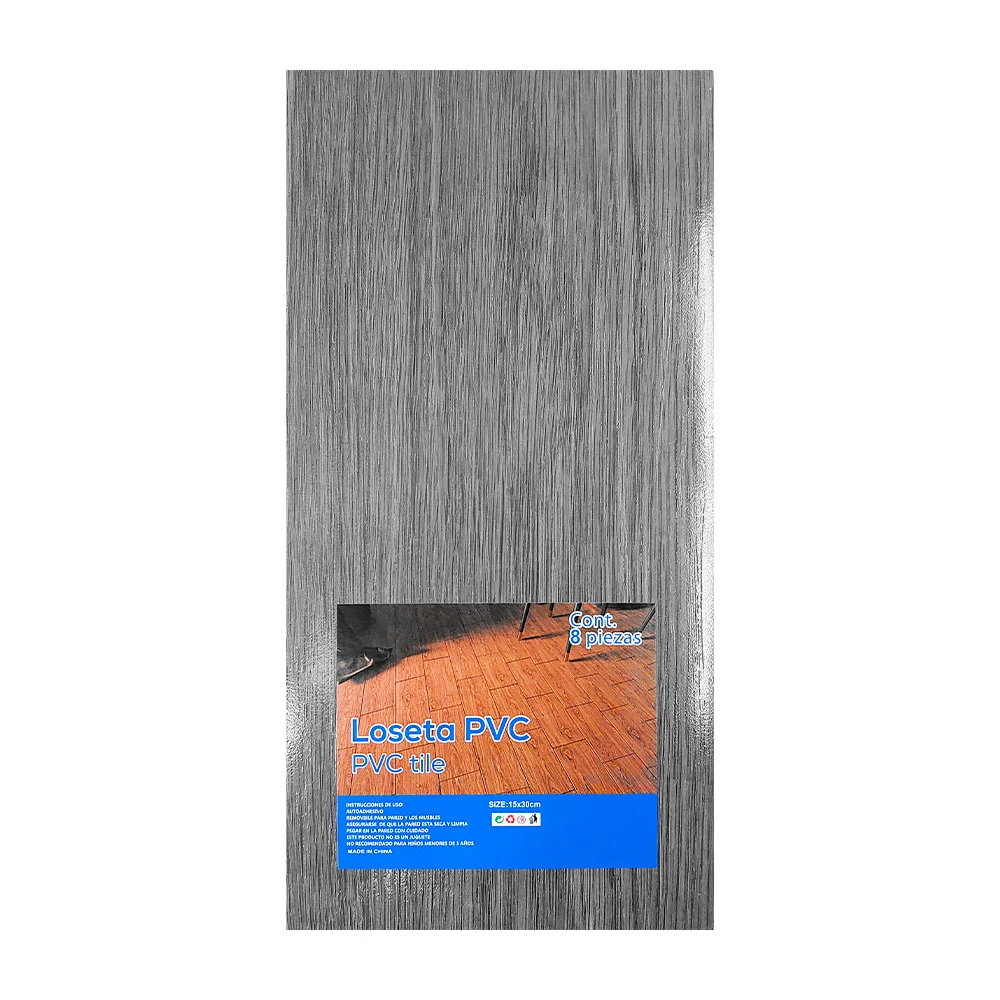 Paquete de 8 losetas de pvc para piso, con diseño de textura amaderada color gris claro / 16-0254