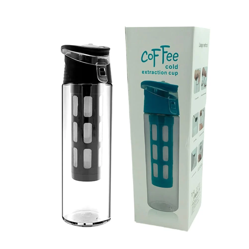 Botella de plástico con filtro de malla reutilizable para hacer café frío, variedad de colores / coffee cold extraction cup
