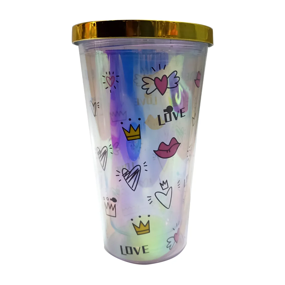 Vaso de acrílico traslucido con diseño de love y corazones efecto tornasol, variedad de colores / 1642