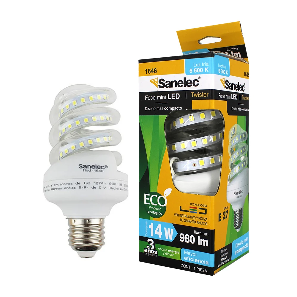 Mini foco led espiral sanelec de luz fría con consumo de 14 watts y 980 lúmenes / 0523