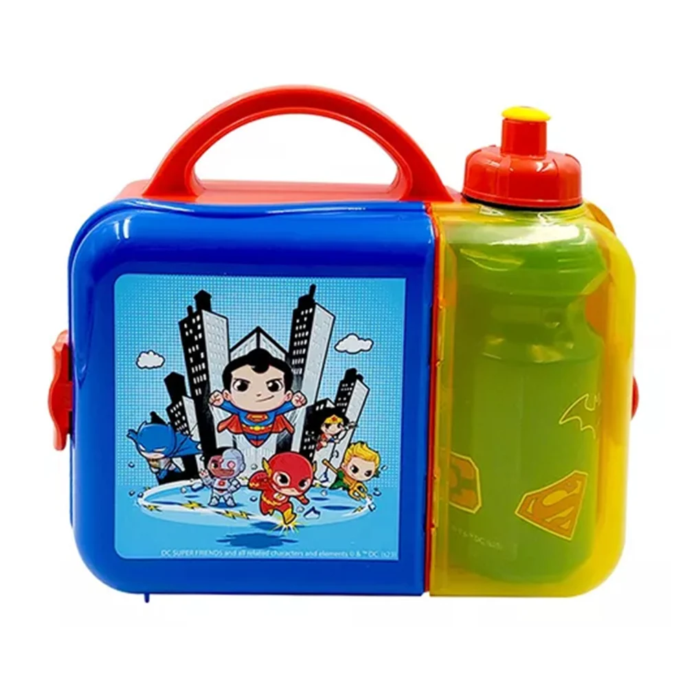 Lonchera de plástico con botella cantimplora y diseño de super amigos liga de la justicia / dc / plc-7527