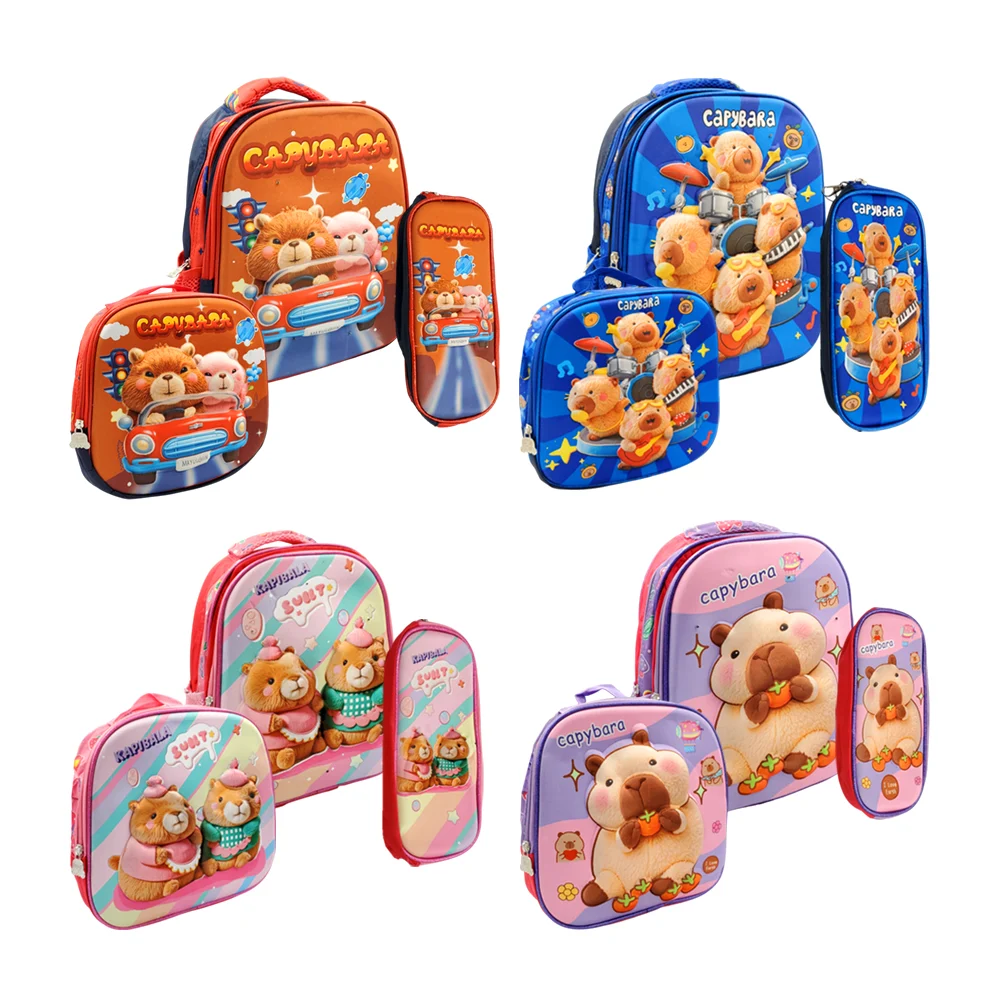 1pza Mochila escolar infantil pequeña, con 2 compartimientos, relieve 3d, luz led, lonchera térmica, lapicera y estampado de personajes animados, variedad de diseños / capybara / kapibala