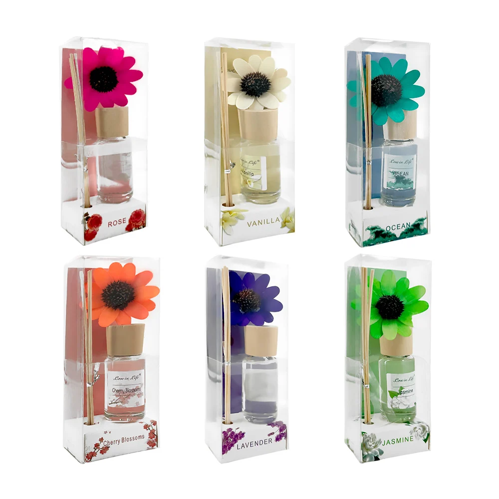 1pza Frasco con fragancia de vidrio, con varitas de madera y flor decorativa, variedad de aromas / love in life / 17108 / xx-2