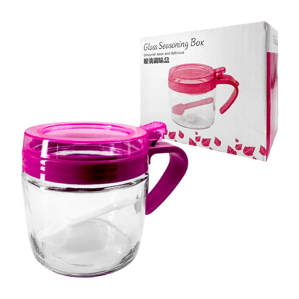 1pza Molde / taza de vidrio con tapa levantable, agarradera y cuchara de plástico, para almacenaje, variedad de usos / glass seasoning box
