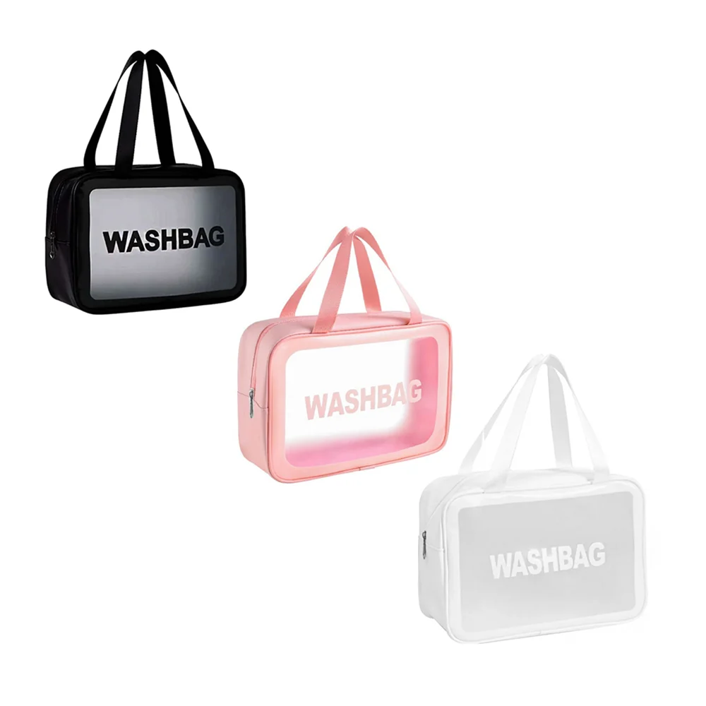 1pza Cosmetiquera grande transparente, con bordes, asa agarradera y estampado de frase, variedad de colores / washbag / 17242 / on teck