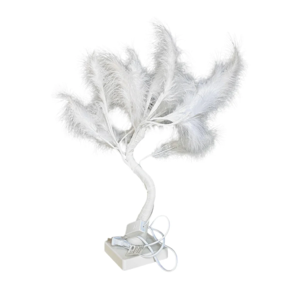 Lámpara decorativa en forma de árbol blanco con plumas blancas y 20 focos led de luz blanca, 45cm / 17450