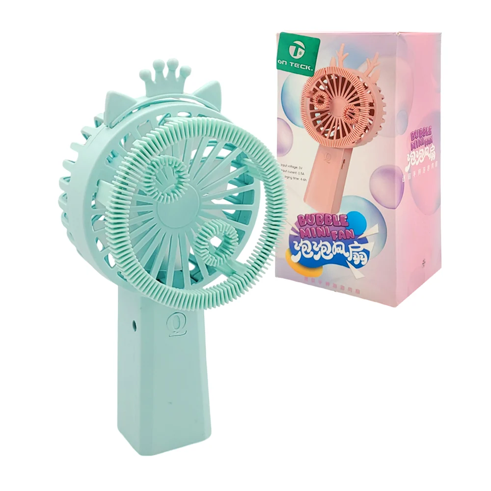 1pza Ventilador pequeño recargable, con orejas decorativas y plástico lanza burbujas, variedad de colores y diseños / bubble mini fan / on teck
