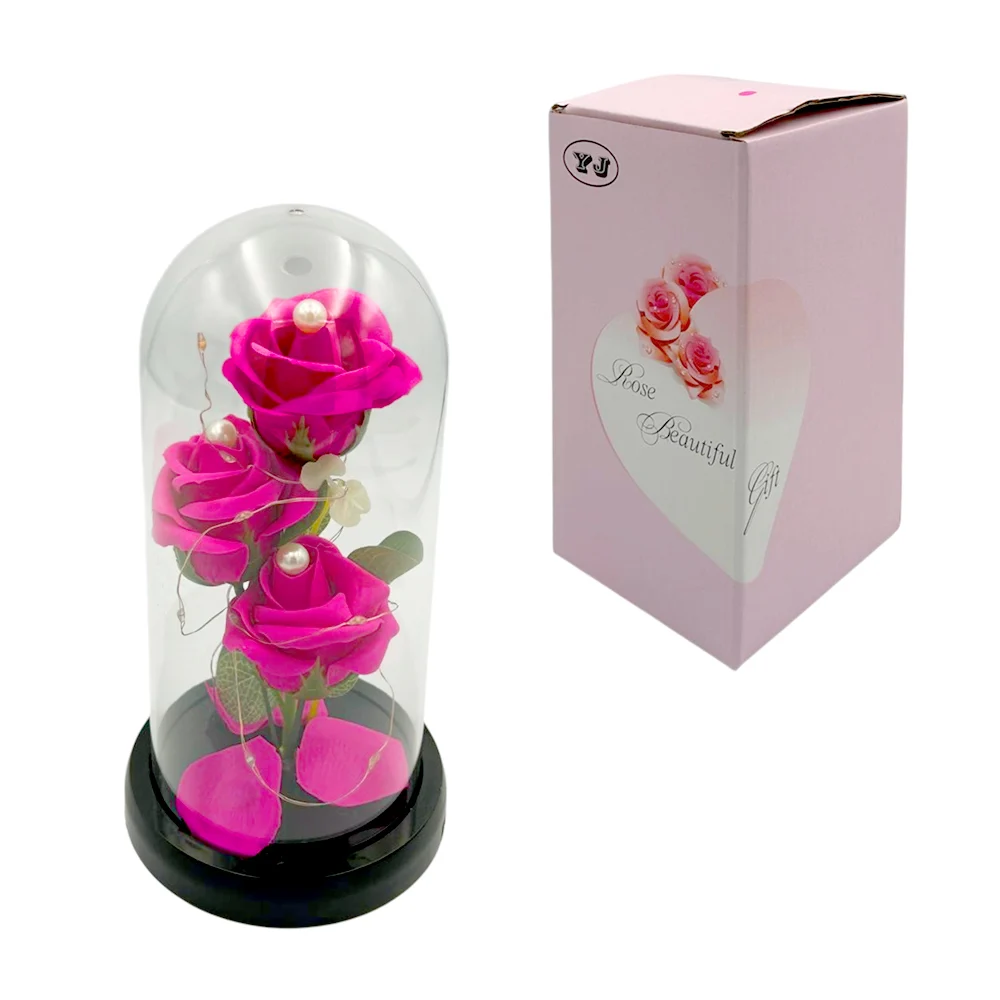 3 Rosas encapsuladas con perla, tira led y pétalos en el fondo, 21cm, variedad de colores / rose beautiful gift / 17550