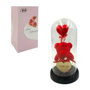 Oso de terciopelo encapsulado, con corazón de madera I love you y luz…