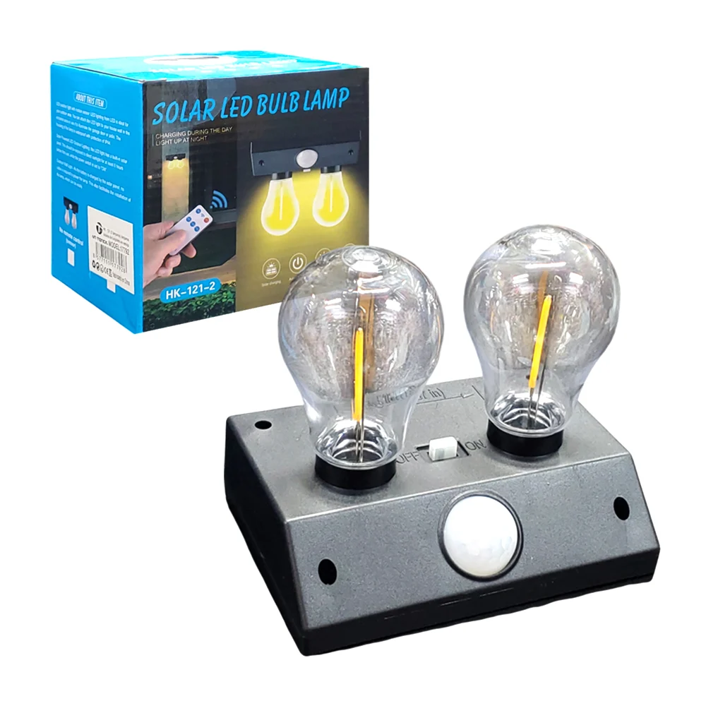 Lámpara solar led recargable con 2 focos de luz cálida para exteriores / solar led bulb lamp / hk-121-2