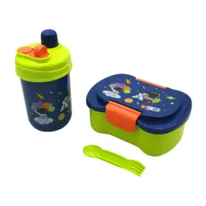 Set de tupper y vaso con tapa bicolor, infantil, con estampado de per…