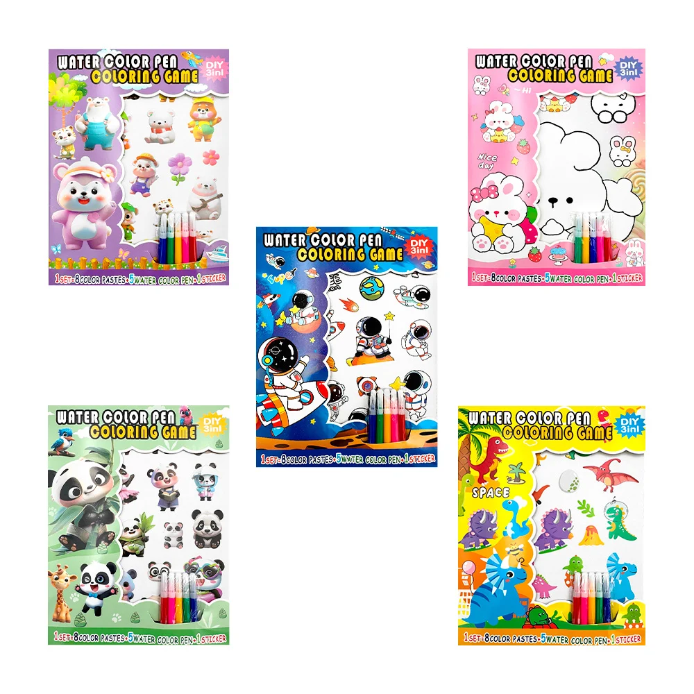Set para dibujar con 4 hojas doble vista, 1 hoja de stickers decorativos y un paquete con 5 mini plumones a base de agua, variedad de modelos / water color pen coloring game / 1819