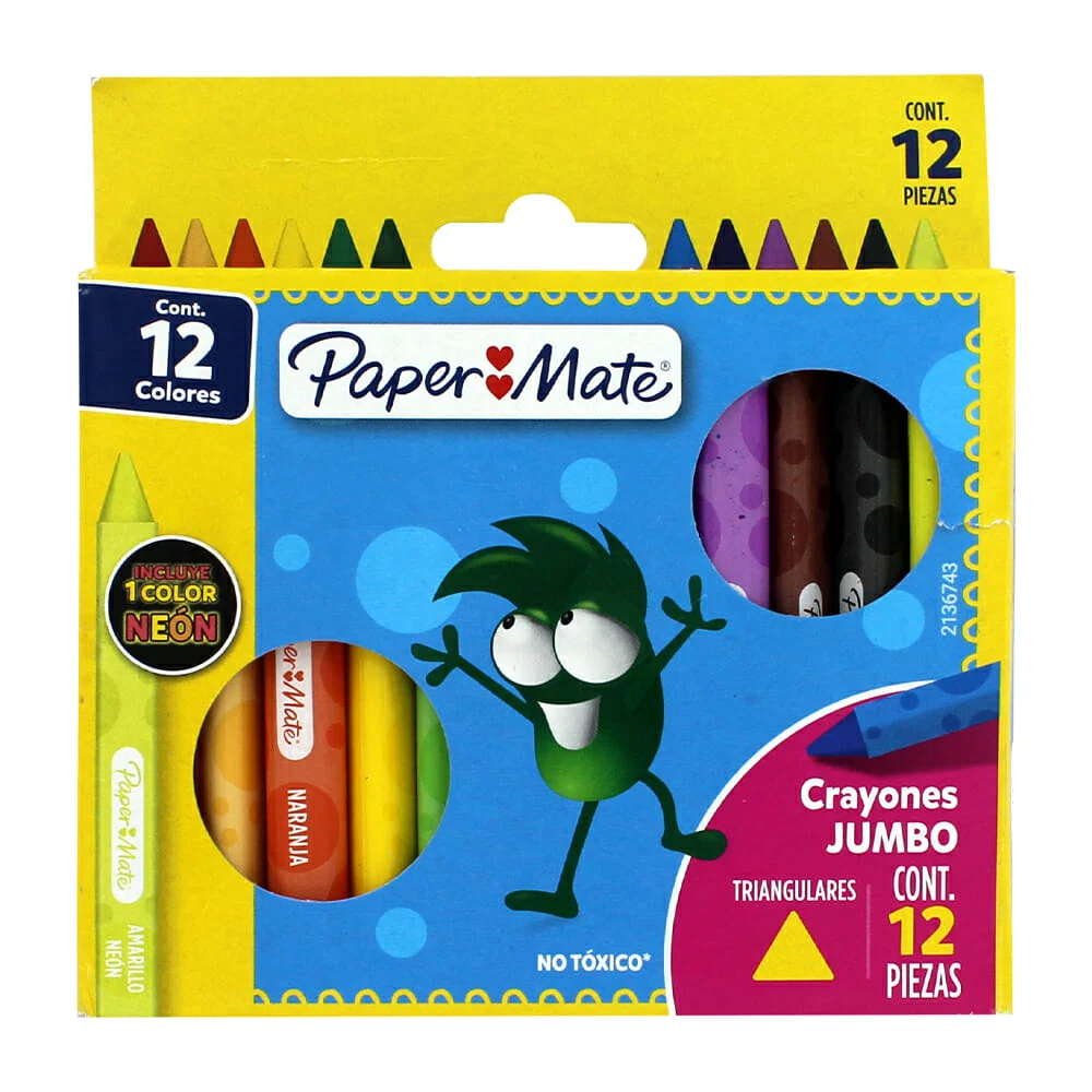 Crayones paper mate jumbo, caja con 12 piezas triangulares y un color neón
