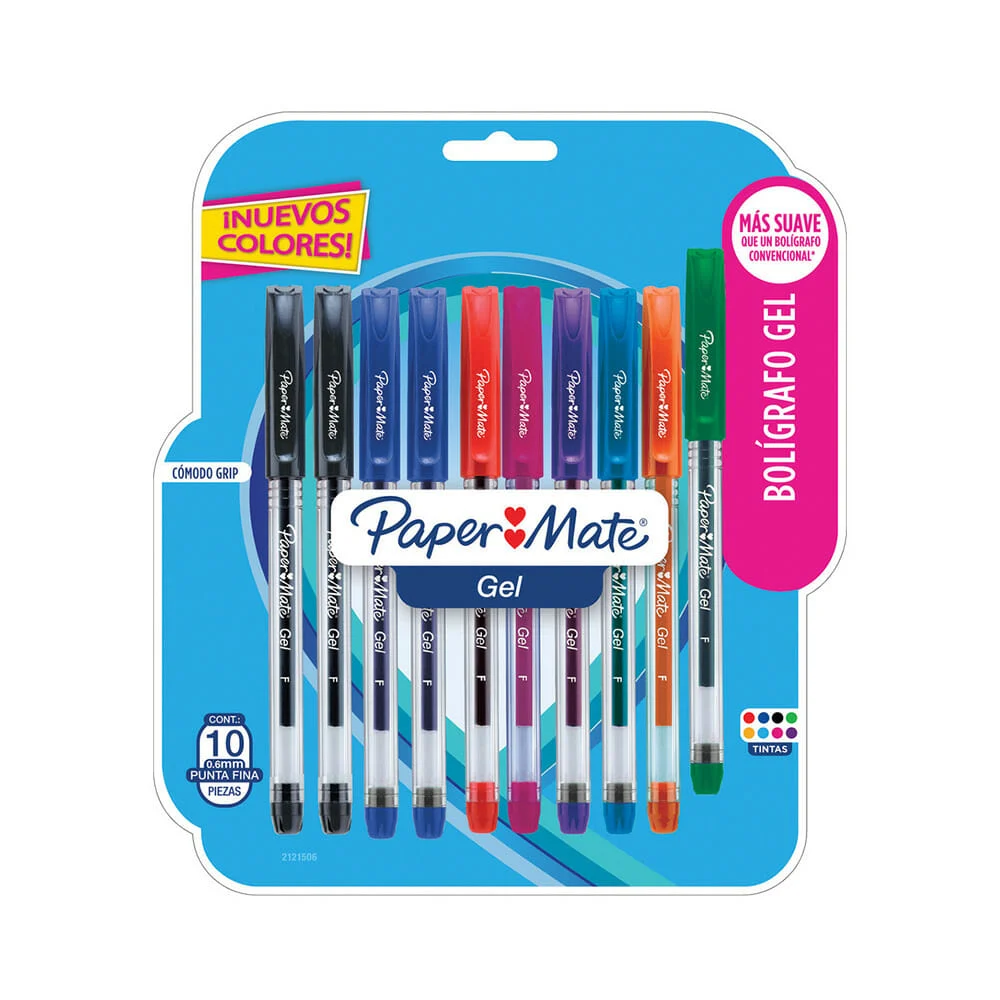 Paquete con 10 plumas bolígrafos paper mate gel de colores con punta fina 0.6mm / 183094