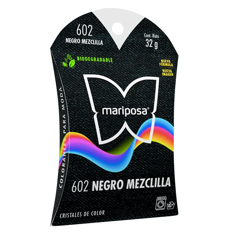 Colorante en cristales de color negro mezclilla no. 602 con 32 g, para ropa / mariposa