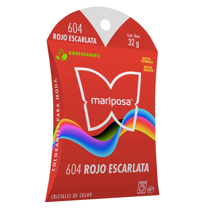 Colorante en cristales de color rojo escarlata no. 604 con 32 g, para ropa / mariposa