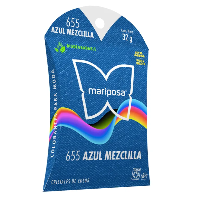 Colorante en cristales de color azul mezclilla no. 655 con 32 g, para ropa / mariposa