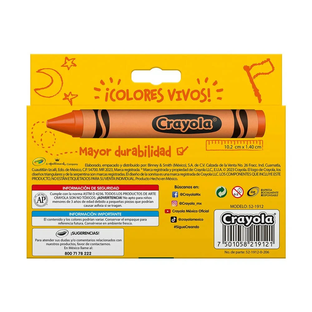 Caja con 12 crayolas gruesas extra jumbo crayola de colores, 10cm / 52-1912 / 5219120007