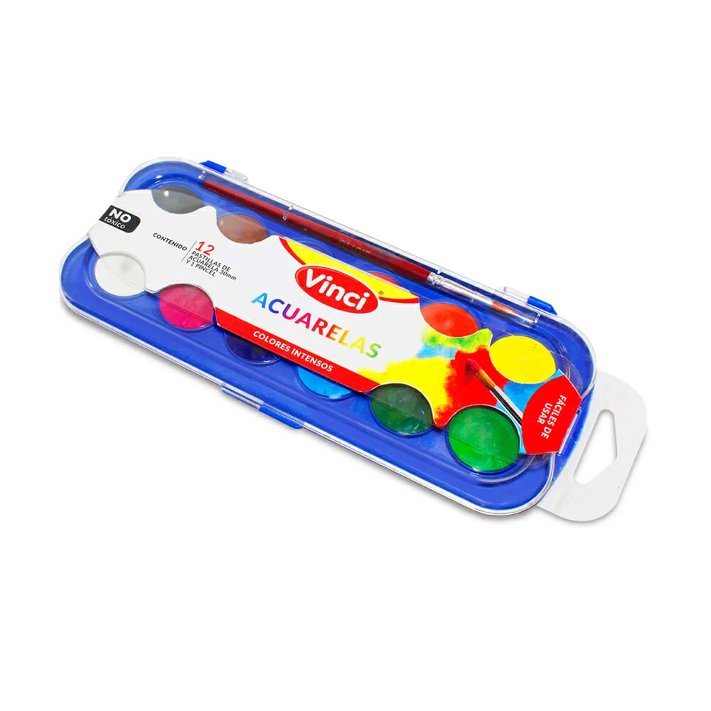Estuche con 12 acuarelas redondas de colores vinci con pincel / f352300