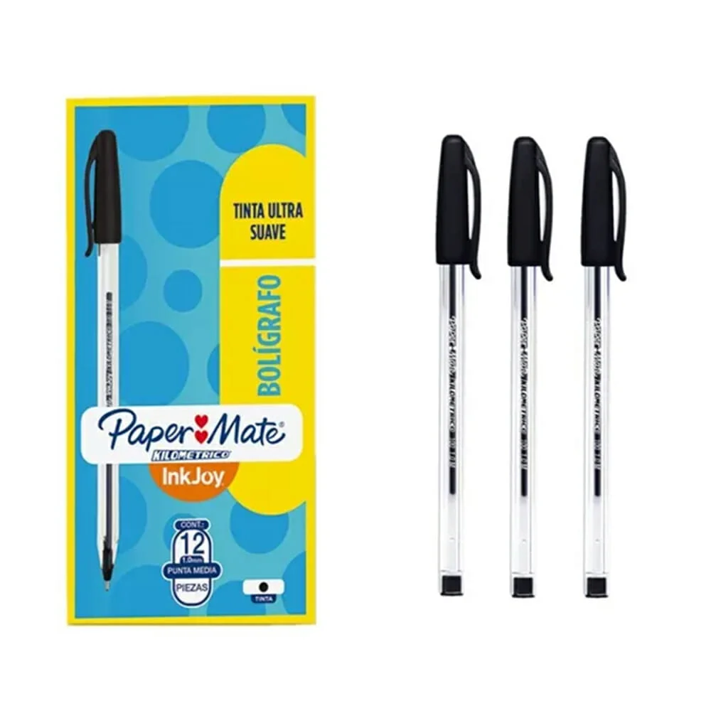 Caja de 12 plumas bolígrafos paper mate en color negro de tinta ultra suave con punta fina 0.7mm / 011667
