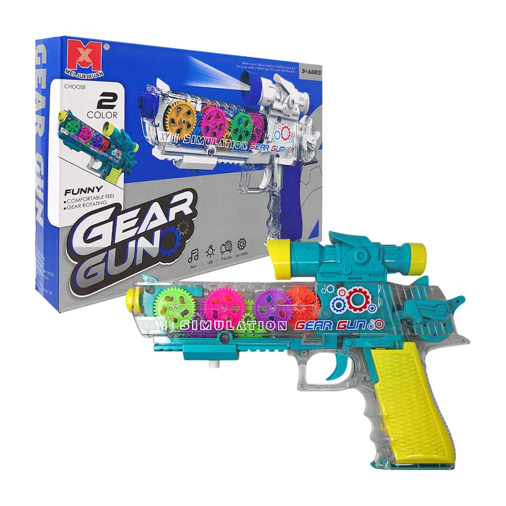 Pistola de juguete con diseño transparente, engranajes de colores, proyector, luz led y sonido, variedad de funciones / gear gun