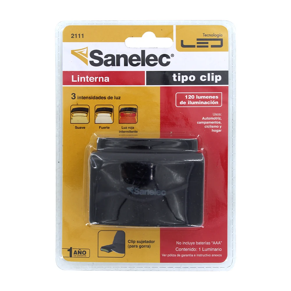 Lámpara linterna sanelec tipo clip con 3 intensidades de luz y con 120 lúmenes / 0717
