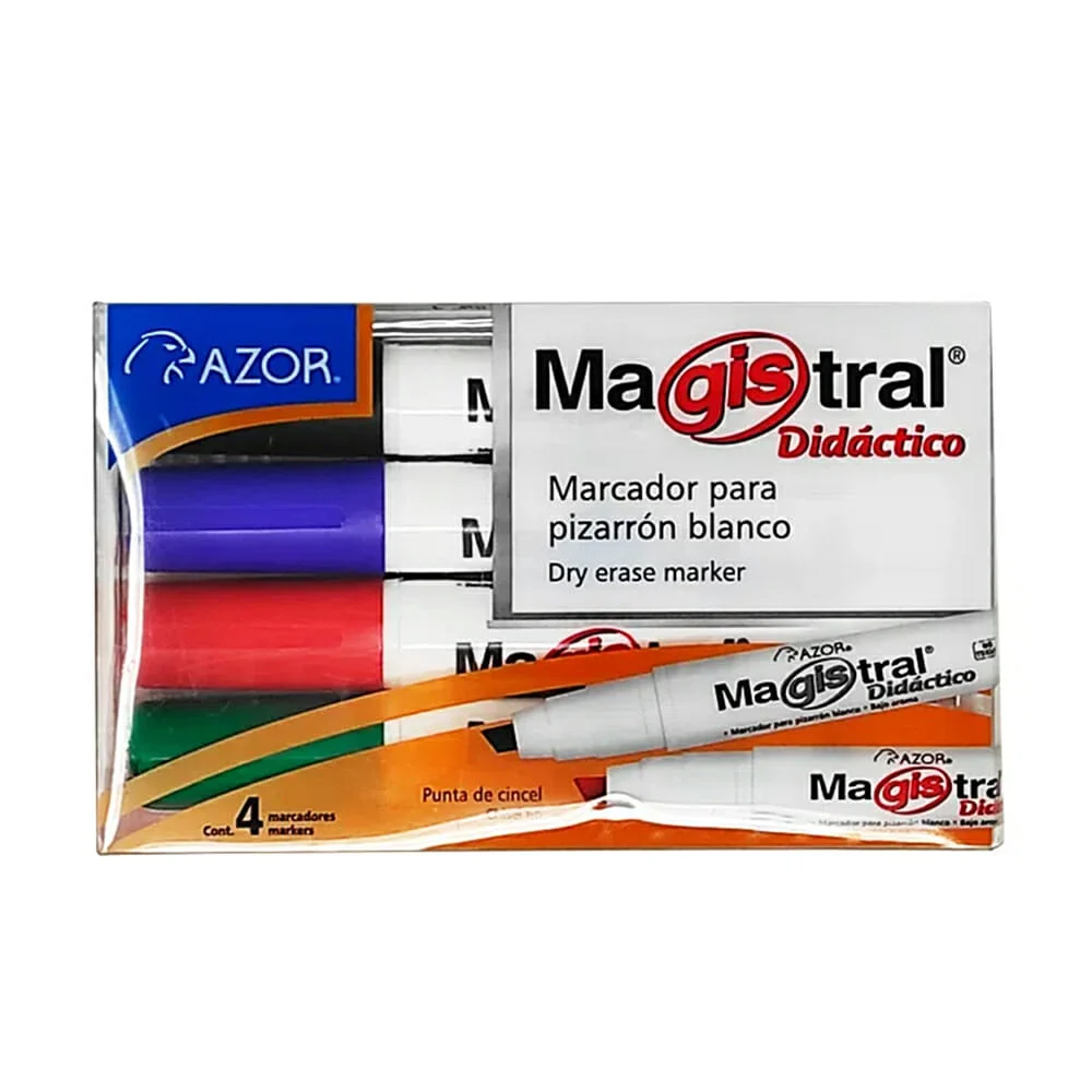 Paquete con 4 marcadores de agua azor magistral didáctico de colores para pintarron blanco / 8354